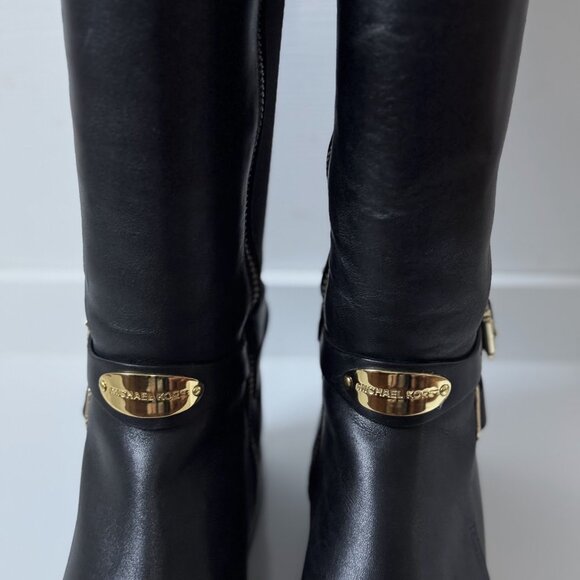 Michael Kors Black Leather Heeled Boots with Gold Accents - Picture 3 of 10